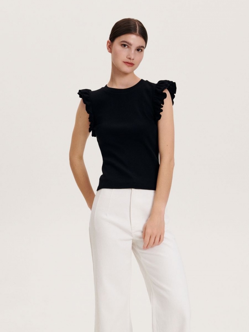 Reserved Slim fit T-shirt with ruffle details Čierne | 39470GEHC